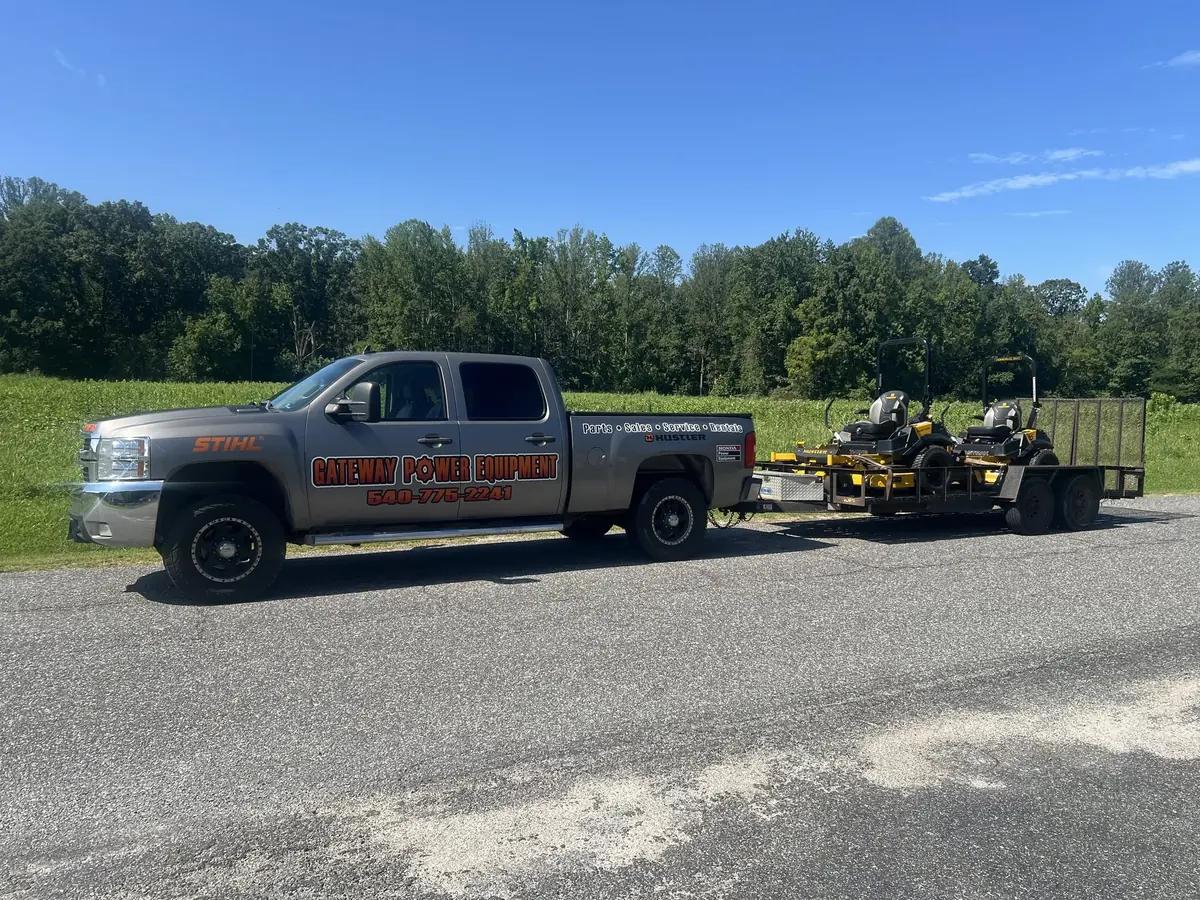 Gateway Power Equipment truck delivering new Hustler zero-turn mowers